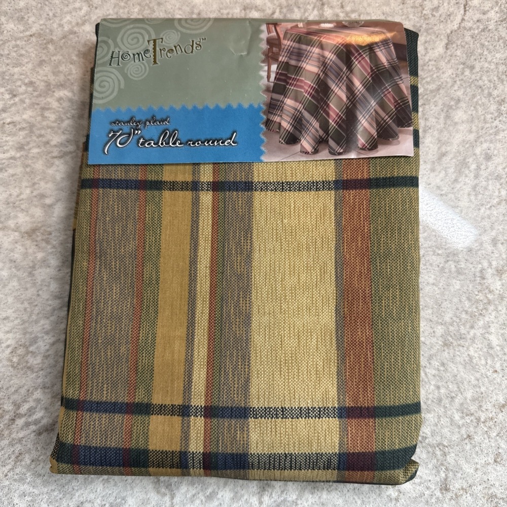 Vintage Home Trends 70" Round Green Gold Red Blue Stanley Plaid Tablecloth Fall